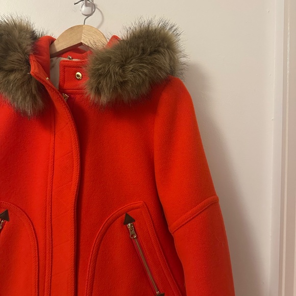 J. Crew Chateau Parka Coat In Stadium Cloth Red With Removable Fur Hood | Size 6 - Picture 5 of 13